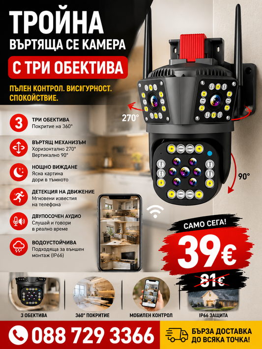 ТРОЙНА ВЪНШНА ВЪРТЯЩА WIFI КАМЕРА С ТРИ ОБЕКТИВА