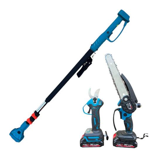 Промо 3в1 комплект Акумулаторна Лозарска ножица с дисплей и Мини Трион с автоматично омасляване + Телескопичен Прът