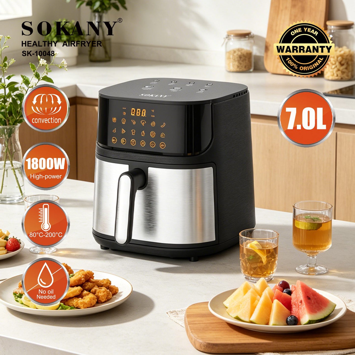 Air Fryer Еърфрайър SOKANY 7L 1800W Дигитален дисплей